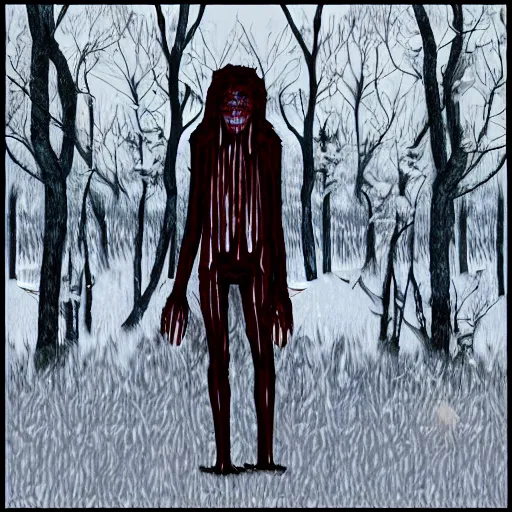 Image similar to horrifying digital art of a blood soaked skinwalker, lanky, skinny, pale skin, snow, forest, dark, horrifying