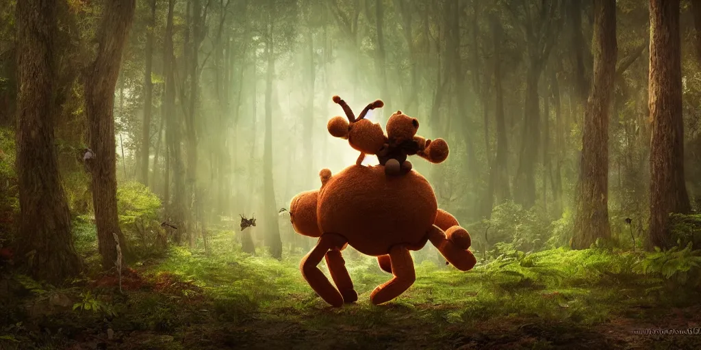 Image similar to a giant ant is riding a giant teddy bear in a forest, moody, cinematic light, fantasy art, highly detailed, 8k