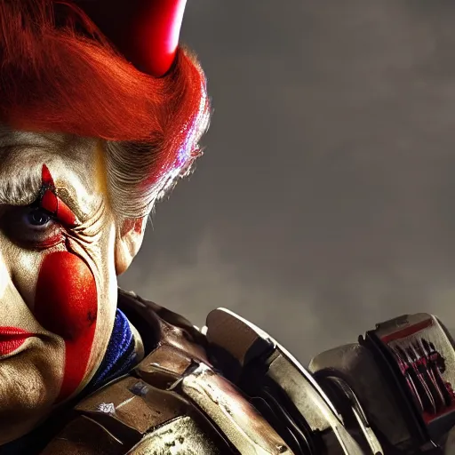 Image similar to donald trump as a clown in gears of war, splash art, movie still, cinematic lighting, ray tracing, detailed clown face, octane render, long lens, shallow depth of field, bokeh, anamorphic lens flare, 8 k, hyper detailed, 3 5 mm film grain