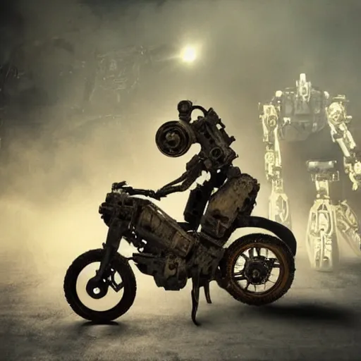 Image similar to bicycle mecha, dark messy smoke - filled cluttered workshop, dark, dramatic lighting, orange tint, cinematic, highly detailed, sci - fi, futuristic, movie still