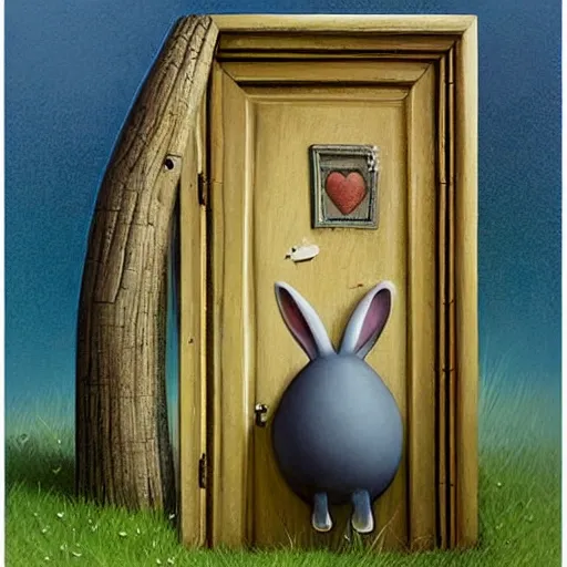 Prompt: cute rabbit hides behind the door, illustration by gediminas pranckevicius