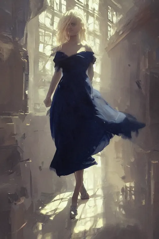 Prompt: an epic painting of a beautiful blonde wearing a navy blue dress, ornate, volumetric shading, by Greg Rutkowski and Jeremy Mann