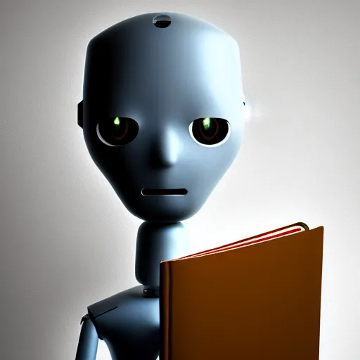 Prompt: futuristic lonely humanoid robot with huge comically sad OLED eyes and open rectangular mouth sits facing left reading a hardbound leather book on a comfortable midcentury chair. Cinematic Lighting, Cinematic Movie Photograph, Arri Alexa, Extremely Detailed, smooth, very very clean, simple, 8K, octane render, maya render, unreal engine, trending on artstation, DSLR