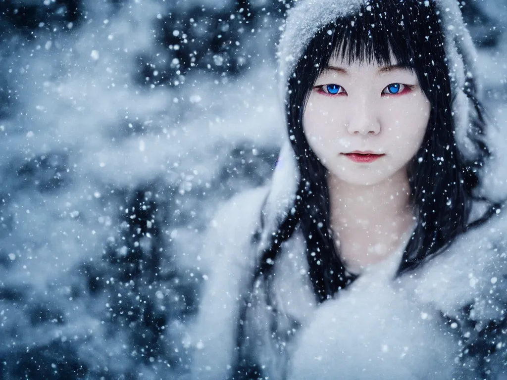 Image similar to the piercing blue eyed stare of yuki onna, snowstorm, blizzard, mountain snow, canon eos r 6, bokeh, outline glow, asymmetric unnatural beauty, gentle smile, blue skin, centered, rule of thirds