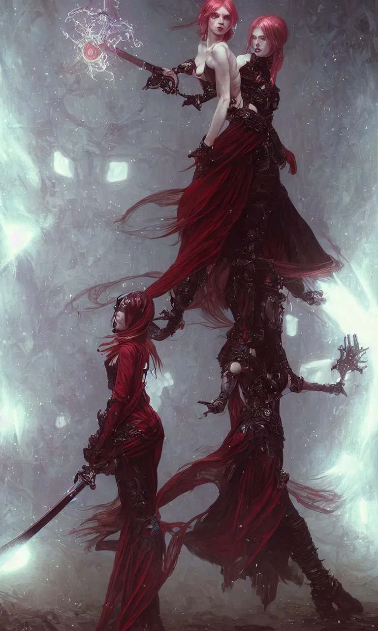 Image similar to full figure, female techno necromancer, pale skin, red cloath, holding a sword wrapped in blue sparkling magic, walking towards the camera, camera pulled back far, detailed illustration, intricate details, surrounded by werewolves, 8 k post processing, scary atmospheric lighting, hyper realistic art by artgerm and greg rutkowski and alphonse mucha and lee bermejo