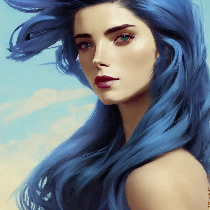 Image similar to portrait of a combination of Ashley Greene, Adriana Dxim, Grace Kelly and Lily Collins with blue hair wearing Warframe armor, countryside, calm, fantasy character portrait, dynamic pose, above view, sunny day, thunder clouds in the sky, artwork by Jeremy Lipkin and Giuseppe Dangelico Pino and Michael Garmash and Rob Rey and Greg Manchess and Huang Guangjian and Makoto Shinkai, very coherent asymmetrical artwork, sharp edges, perfect face, simple form, 100mm