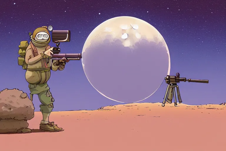 Image similar to a study of a cell shaded cartoon toad firing a bazooka on a desert road in front of a big moon, full body, wide shot, very muted colors, post grunge, studio ghibli, laurie greasley, highly detailed, deviantart, art by artgem