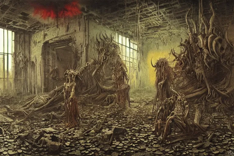 Prompt: an eerie painting of a cacophony of demons sacrificing humans in a grungy derelict georgian manor interior with colourful graffiti on the walls and garbage scattered on the floor, reclaimed by nature by zdzisław beksinski, wayne barlowe, hr giger, luis royo, agostino arrivabene