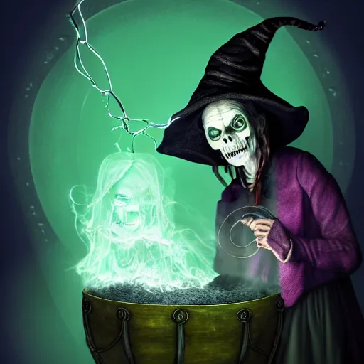 Image similar to a portrait of a scary ugly witch that is brewing a wicked potion in her cauldron that is marked with magical symbol that are glowing, highly detailed, digital photo, hdri, by christopher bretz and john carpenter, vivid colors, high contrast, 8 k resolution, intricate, photorealistic, smooth, psychedelic color scheme, concept art, award winning, cg society contest winner