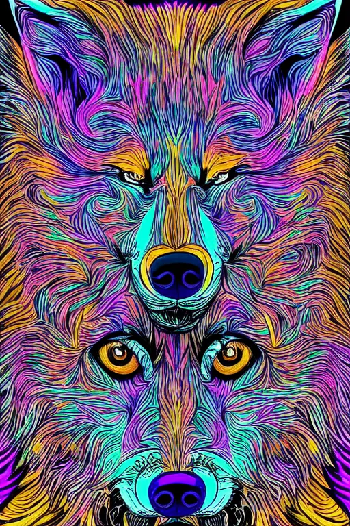 Image similar to Psychotic crisis portrait of a wolf head. psychedelic colors, very detailed, lineart