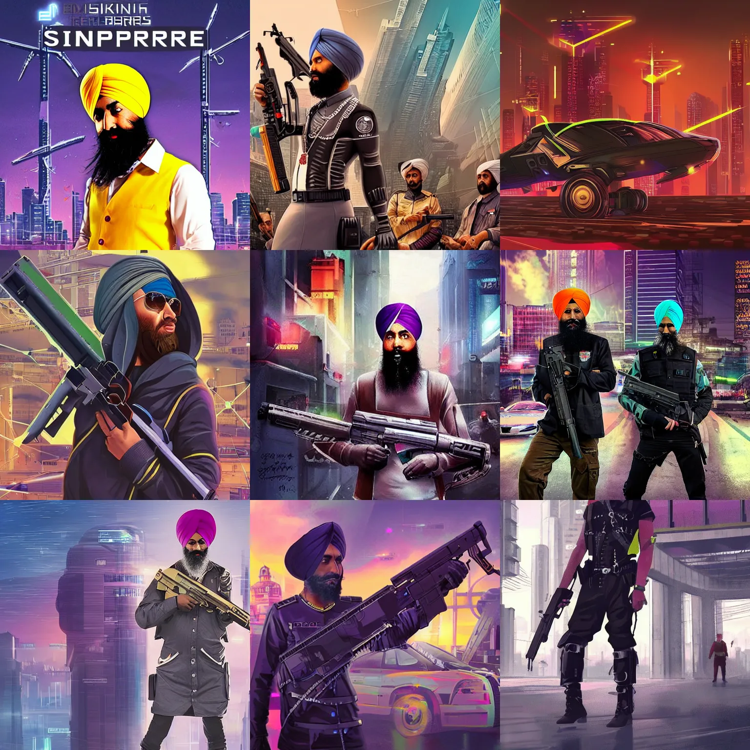 Prompt: sikh cyberempire, everyone is armed, flying cars and no crime, cyberpunk aesthetic