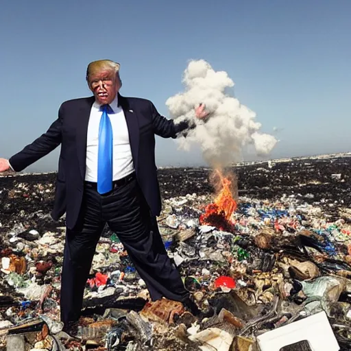 Prompt: trump on fire standing on top of a garbage dump, mar a lago