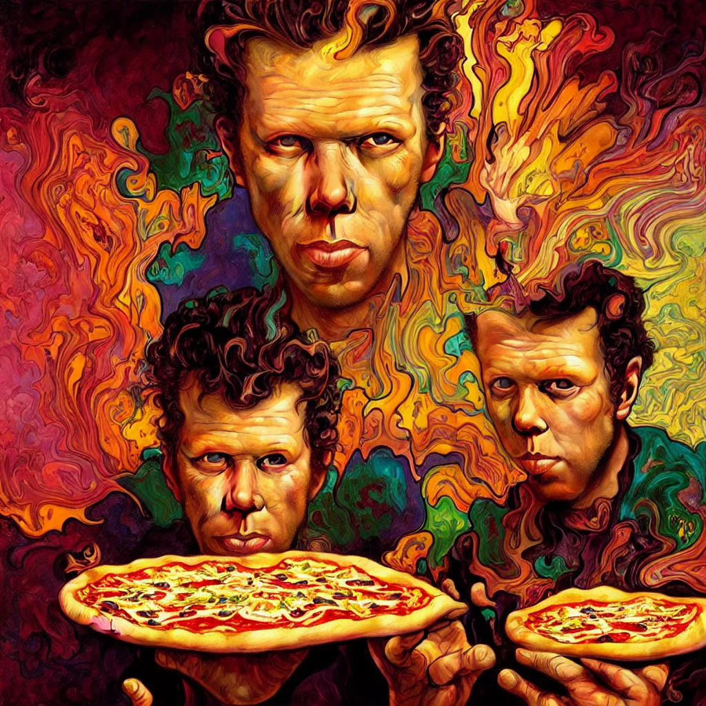 Image similar to bright psychedelic portrait of tom waits baking pizza, diffuse lighting, fantasy, intricate, elegant, highly detailed, lifelike, photorealistic, digital painting, artstation, illustration, concept art, smooth, sharp focus, art by John Collier and Albert Aublet and Krenz Cushart and Artem Demura and Alphonse Mucha