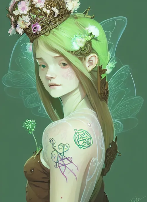 Image similar to cute fairy girl with crown of flowers in transparent clothing covered with celtic rune tattoos, fantasy, by atey ghailan, by greg rutkowski, by greg tocchini, by james gilleard, by joe gb fenton, by in kaethe butcher, dynamic lighting, gradient light green, brown, blonde cream and white color in scheme, grunge aesthetic