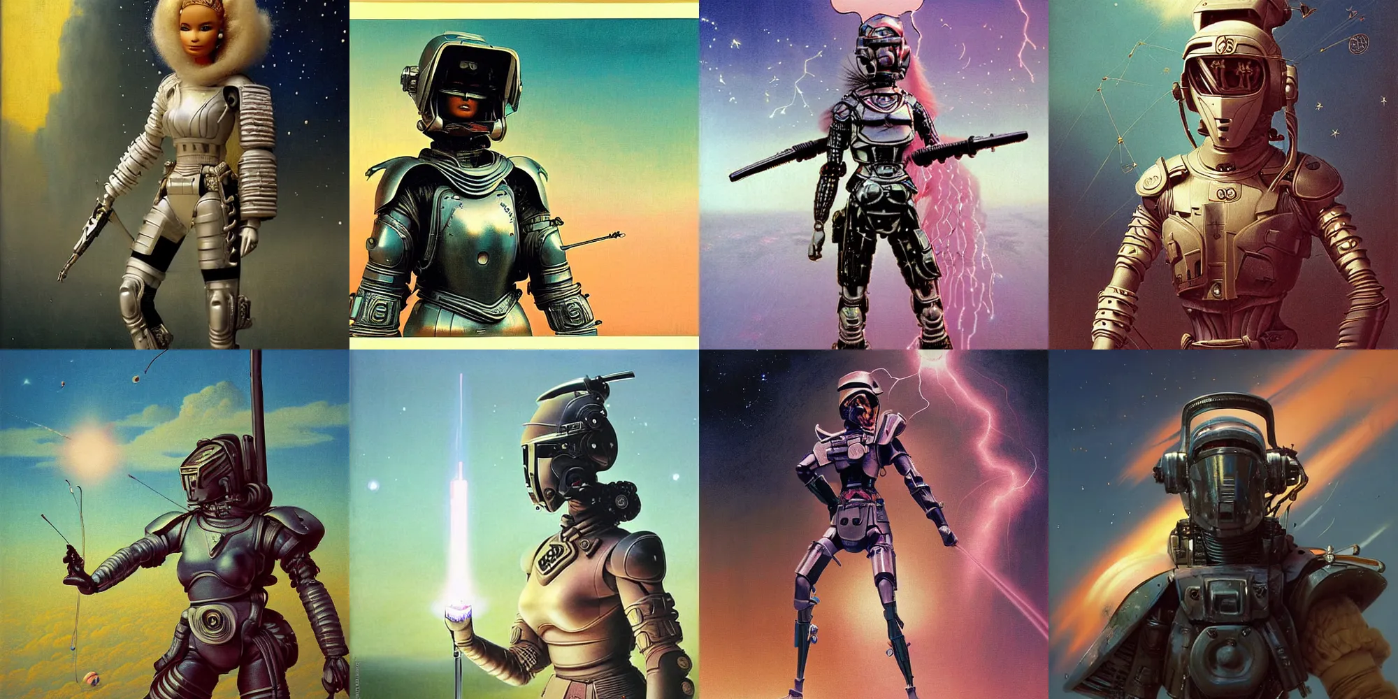 Prompt: a detailed portrait painting of a Barbie doll bounty hunter in combat armour and visor. cinematic sci-fi poster. Flight suit and wires, accurate anatomy. Samurai influence, fencing armour. portrait symmetrical and science fiction theme with lightning, aurora lighting. clouds and stars. Futurism by beksinski carl spitzweg moebius and tuomas korpi. baroque elements. baroque element. intricate artwork by caravaggio. Oil painting. Trending on artstation. 8k