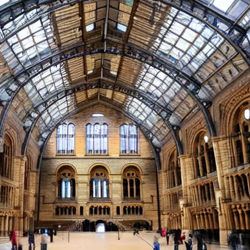 Prompt: natural history museum london hintze hall with sir richard owen showing skeleton of moa dinornis bird