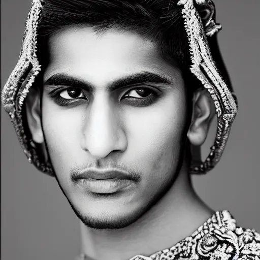 Prompt: a portrait of a beautiful young pakistani male wearing an alexander mcqueen armor , photographed by andrew thomas huang, artistic