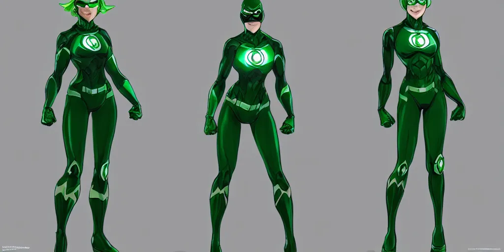 Image similar to full body exaggerated outfit, female green lantern character clean concepts by senior concept artist in the anime film, tech wear, streetwear, featured on artstation