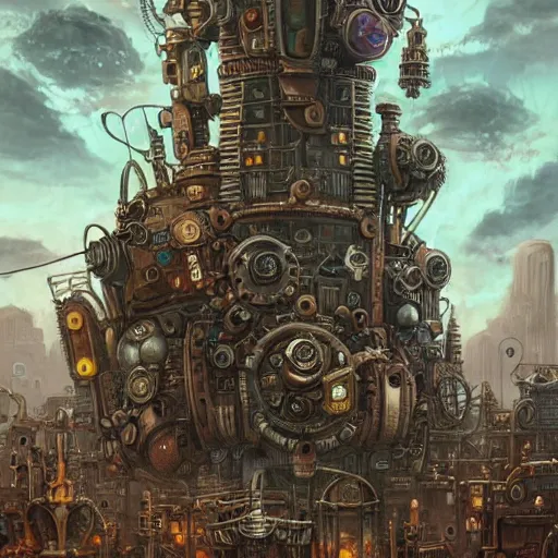 Prompt: robot city, steampunk art, fantasy style, super high detail, super high quality, talented artist, trending on artstation, machinarium