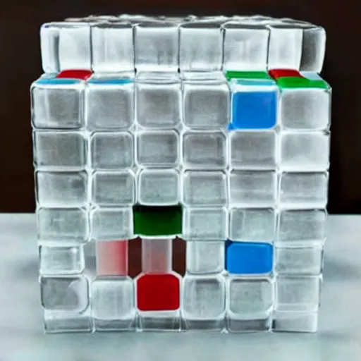Image similar to a large block of ice with a rubiks cube inside it