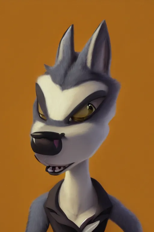 Image similar to oil painting of anthromorphic female wolf, in style of cory loftis, female fursona, furry, furaffinity, 4 k, deviantart, furry art, fursona art, wearing black business suit, business suit, in style of zootopia, wolf fursona, cyberpunk, female, very expressive detailed feminine face,