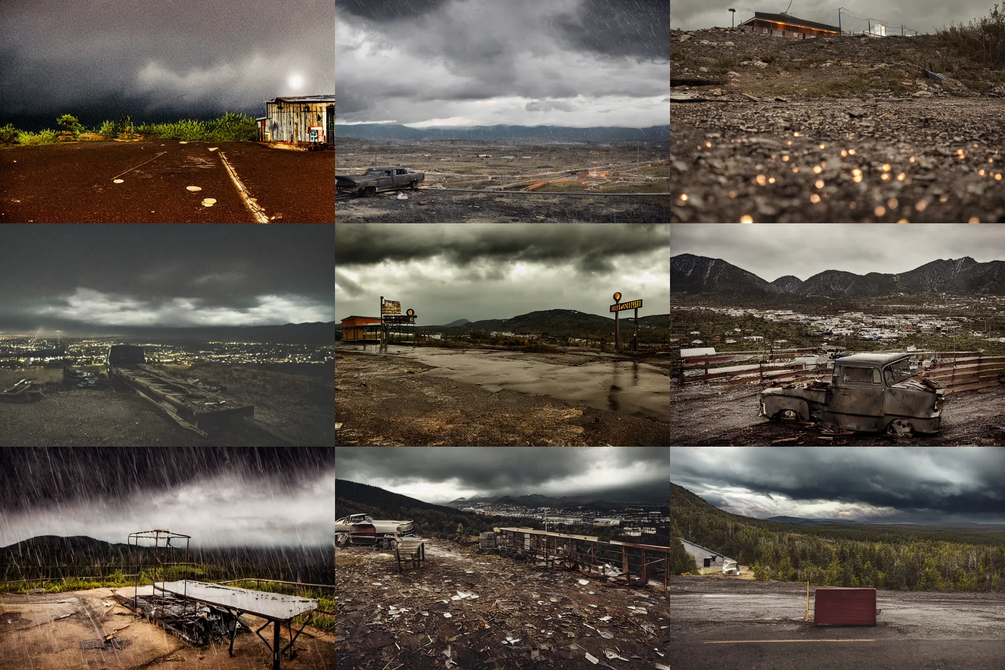 Prompt: photography, night, raining, ominous skies, a motel made of tin scraps and scrap wood, at the top of a mountain, overlooking a desolate wasteland, depth of field, bokeh