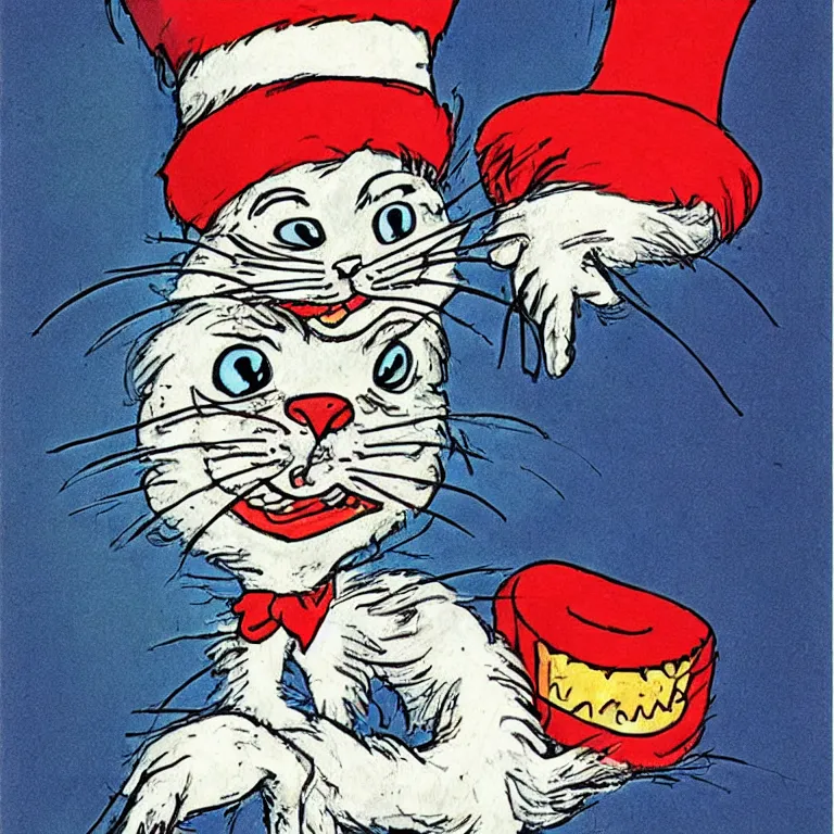 Image similar to cat in the hat terrifying nightmare, illustration by dr. seuss