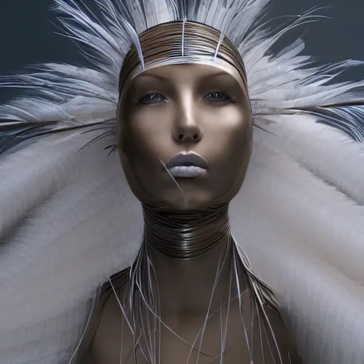 Image similar to hyper realistic woman figure dressed in futuristic dress, with a weird head piece on her head, made of wires, made of feathers, masterpiece, trending on artstation, photograph