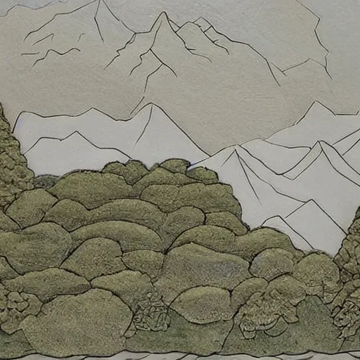 Image similar to Sculpture. a landscape of a mountainous area with a river running through it. There are trees and plants in the foreground, and the mountains are in the background. pale by Steve Ditko stormy