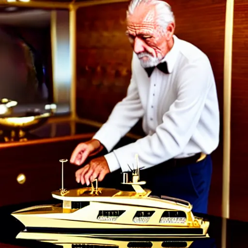 Image similar to old man polishing a gold plated mega yacht, clear and focused, elegant, photograph