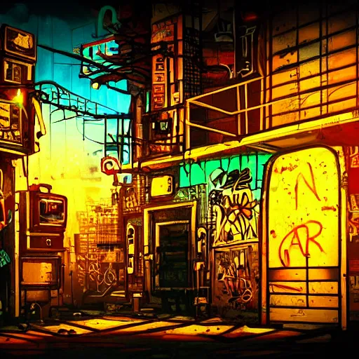 Prompt: graffiti on a wall in a run down building, happy mood, cyberpunk, futuristic, neon, high detail, golden light, realistic