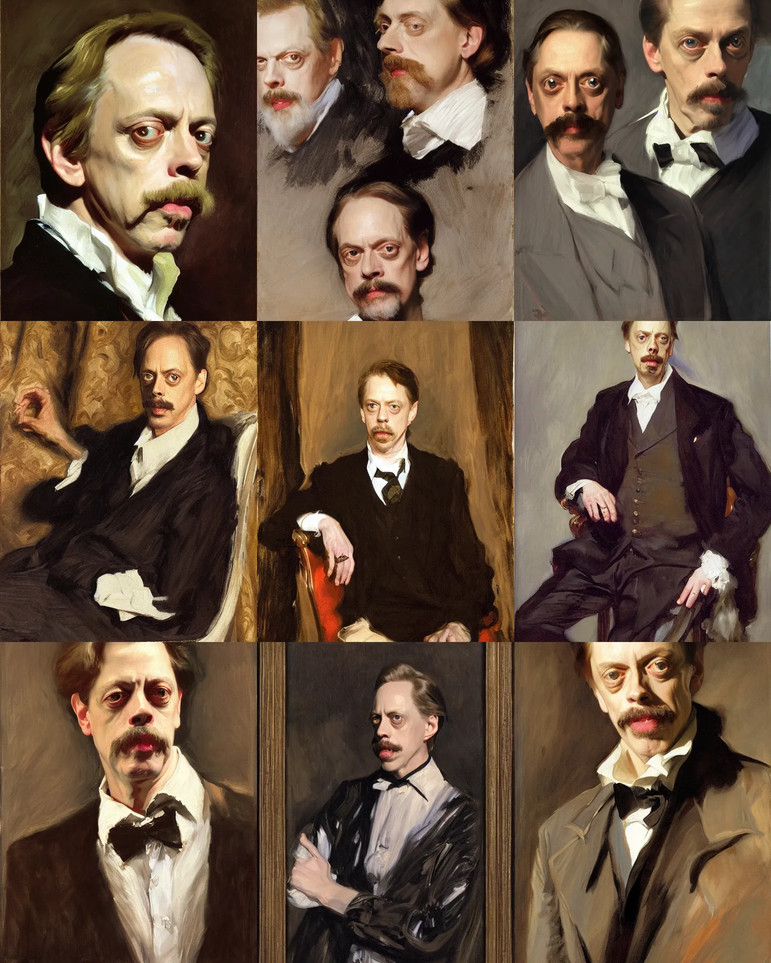 Prompt: A portrait of Steve Buscemi, painted by John Singer Sargent, by Anthony Van Dyck, by J.C. Leyendecker, loish, Chuck Close