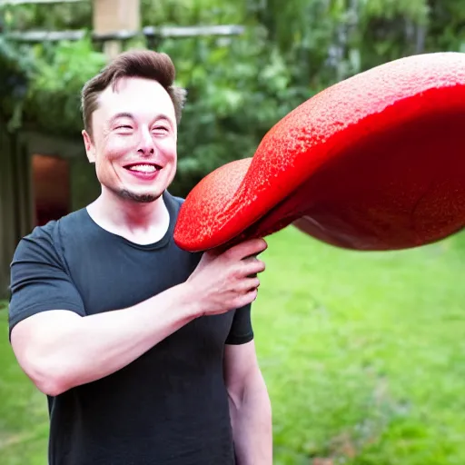 Image similar to photo of elon musk finding a giant red mushroom, exhilarated, portrait, closeup. mouth open, 30mm, bokeh