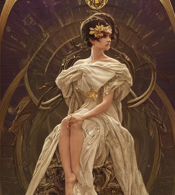 Image similar to god of death and rebirth, elegant dress, very detailed, sat on a throne, very intricate details, elaborate long hairstyle, cinematic, artstation, alphonse mucha, greg rutkowski, rossdraws, octane render