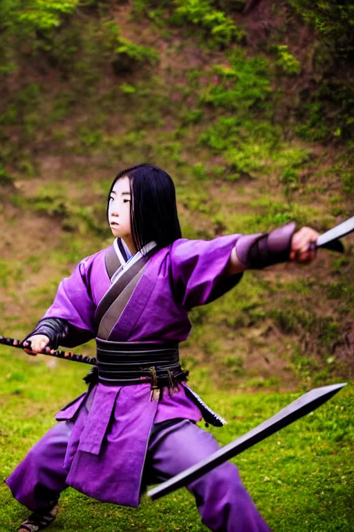 Image similar to highly detailed beautiful photo of a young female samurai, practising sword stances in front of a warzone, symmetrical face, beautiful eyes, purple hair, realistic anime art style, 8 k, award winning photo, happy colours, action photography, 1 / 1 2 5 shutter speed, dramatic lighting