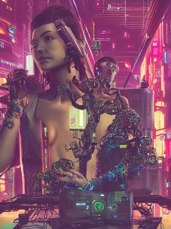 Prompt: a cyberpunk 2077 illustration half body portrait of two female android queen ,complex mess of cables and wires behind them connected to giant computer, film lighting, by laurie greasley,Lawrence Alma-Tadema,William Morris,Dan Mumford, trending on atrstation, full of color, mythological, high detailed,golden ratio,cinematic lighting