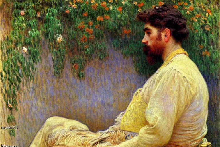 Image similar to attractive male, painting by gaston bussiere, claude monet, alphonse mucha, carl larsson