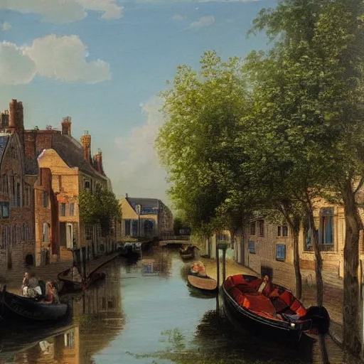 Prompt: a beautiful canal in late spring, with boats, by Victor Richardson, extremely detailed painting