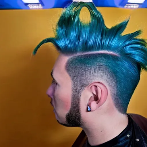 Image similar to press photo of donald trump, with a trendy hip tiktok hairstyle side burns fauxhawk gelled blue, soft studio lighting