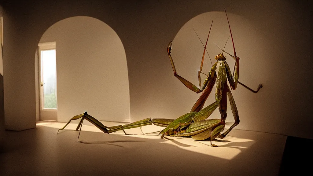 Image similar to the giant praying mantis head in the living room made of wax and water, film still from the movie directed by Denis Villeneuve with art direction by Salvador Dalí, wide lens