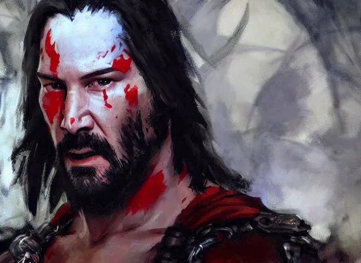 Image similar to a highly detailed beautiful portrait of keanu reeves as kratos, by gregory manchess, james gurney, james jean