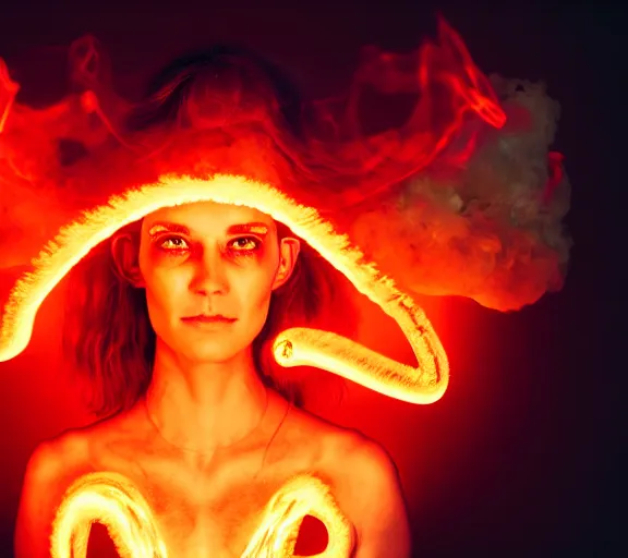 Image similar to portrait of a woman with horns made of flames and glowing green eyes, in the wisps of thick smoke, looking into the camera, studio photography, studio lighting, realistic render, octane render, 4 k, 8 k, face in focus