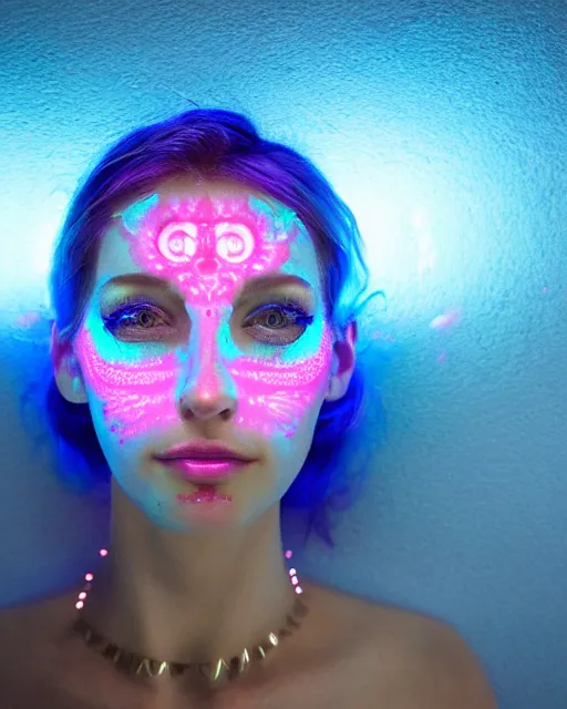 Prompt: natural light, soft focus portrait of an android with soft synthetic pink skin, blue bioluminescent plastics, smooth shiny metal, elaborate electronic jewellery, screens for eyes, leds, piercings, face tattoo, skin textures, by annie liebovotz, paul lehr,