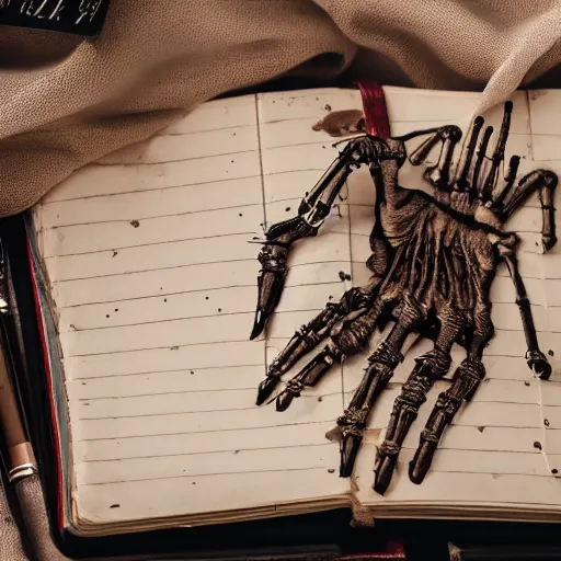 Image similar to a photo of hand skeleton above a dusty diary book, cover with web, rusty and old table