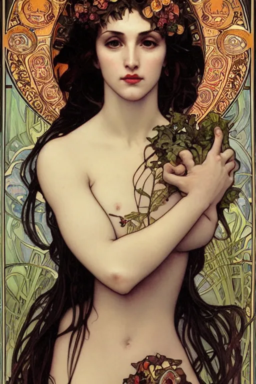 Prompt: Gal gaddot, sensual woman, realistic detailed face portrait of Madonna by Alphonse Mucha, Ayami Kojima, Amano, Charlie Bowater, Karol Bak, Greg Hildebrandt, Jean Delville, and Mark Brooks, Art Nouveau, Neo-Gothic, gothic, rich deep moody colors, full body portrait