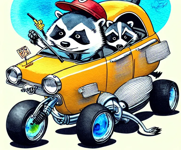 Image similar to cute and funny, racoon with a cigarette in mouth wearing a helmet riding in a tiny hot rod coupe with oversized engine, ratfink style by ed roth, centered award winning watercolor pen illustration, isometric illustration by chihiro iwasaki, edited by range murata