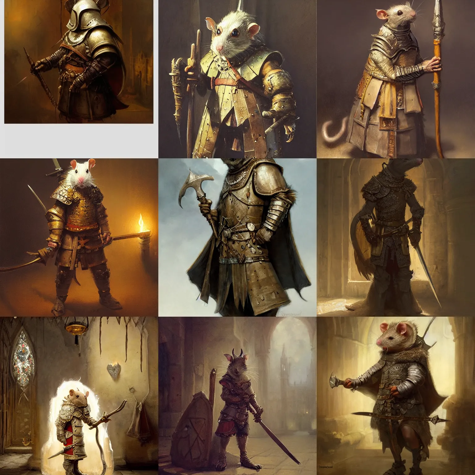Prompt: a rat wearing a dnd cleric's outfit, soft portrait, complete with a tabard and suit of armor and intricate wooden staff, magical realism, ray swanland, greg rutkowski, ( rembrandt )