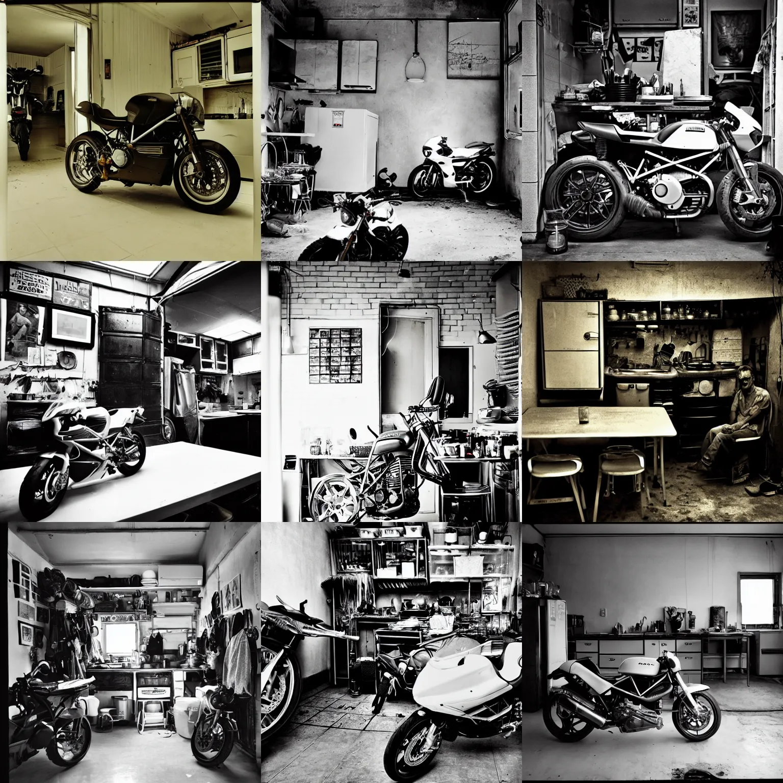 Prompt: huge ducati panigrale motorbike, crammed into cluttered cozy kitchen, darkroom, candles, chairs and tables, white tile on the floor, overexposed, by paolo pellegrin, by trent parke, prize winning photo, cinematic