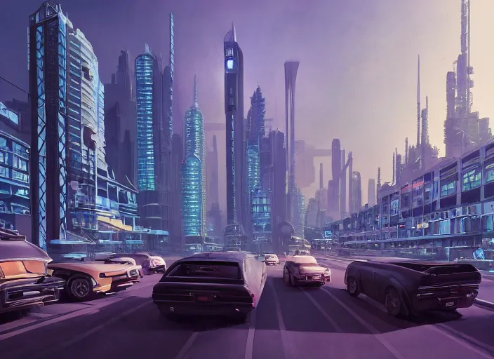 Image similar to 5 cars driving down a street in the city of Eindhoven next to tall buildings the night at 8:00 am, cyberpunk art by Chesley Bonestell, cgsociety, retrofuturism, matte painting, reimagined by industrial light and magic