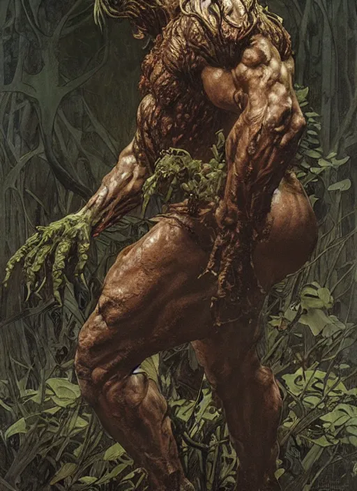 Image similar to renaissance grotesque full body portrait painting of angry swamp thing walking to the camera, camera puller back far, superior, elegant artwork by lee bermejo and greg rutkowski and alphonse mucha